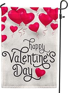 PAMBO Happy Valentines Day Garden Flag 12x18 Double Sided Burlap Hearts Garden Flag for Valentines Day Yard Outdoor Decoration