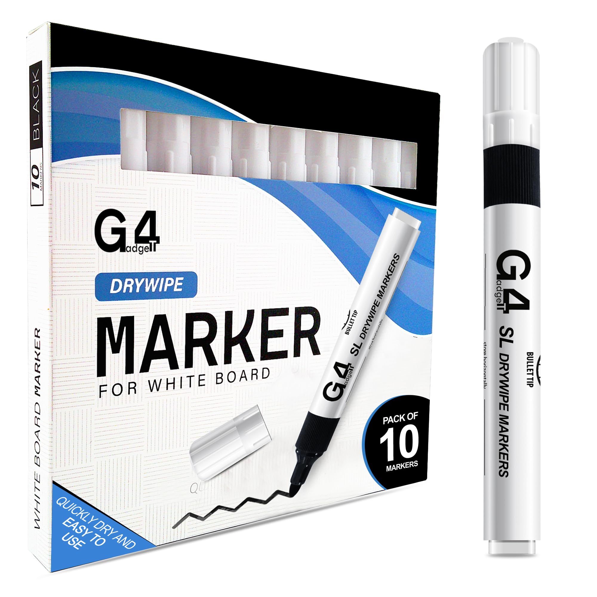 G4GADGET Nice Style Pack of 10 Non-Toxic Ink Black Colour Whiteboard Dry Wipe Marker Pens Bullet Tip