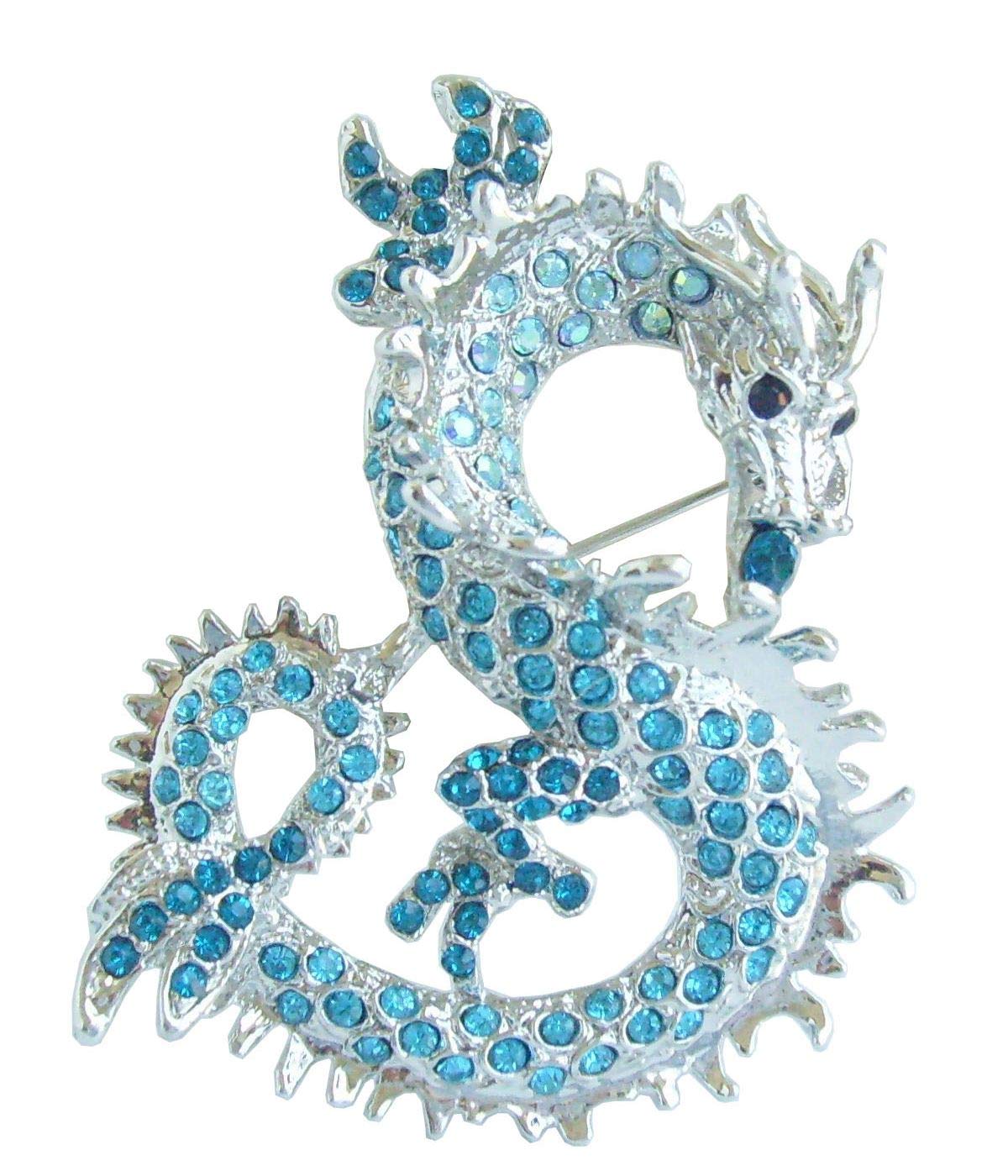 Sindary 2.36" Austrian Crystal Unique Animal Dragon Brooch Pin Pendant UKB2980 (Silver-Tone Lake Blue)