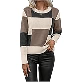 WDIRARA Women's Color Block Sweaters Crew Neck Long Sleeve Pullover Knit Tops Knitwear