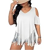 RoseSeek Women's Plus Size Fringe Hem V Neck Tops Short Sleeve Cold Shoulder T Shirts Top