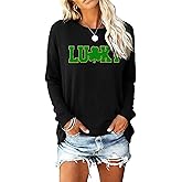RECUTEWU St Patricks Day Sweatshirts for Women Irish Lucky Clover T-Shirts Embroidered St Pattys Sweater Long Sleeve
