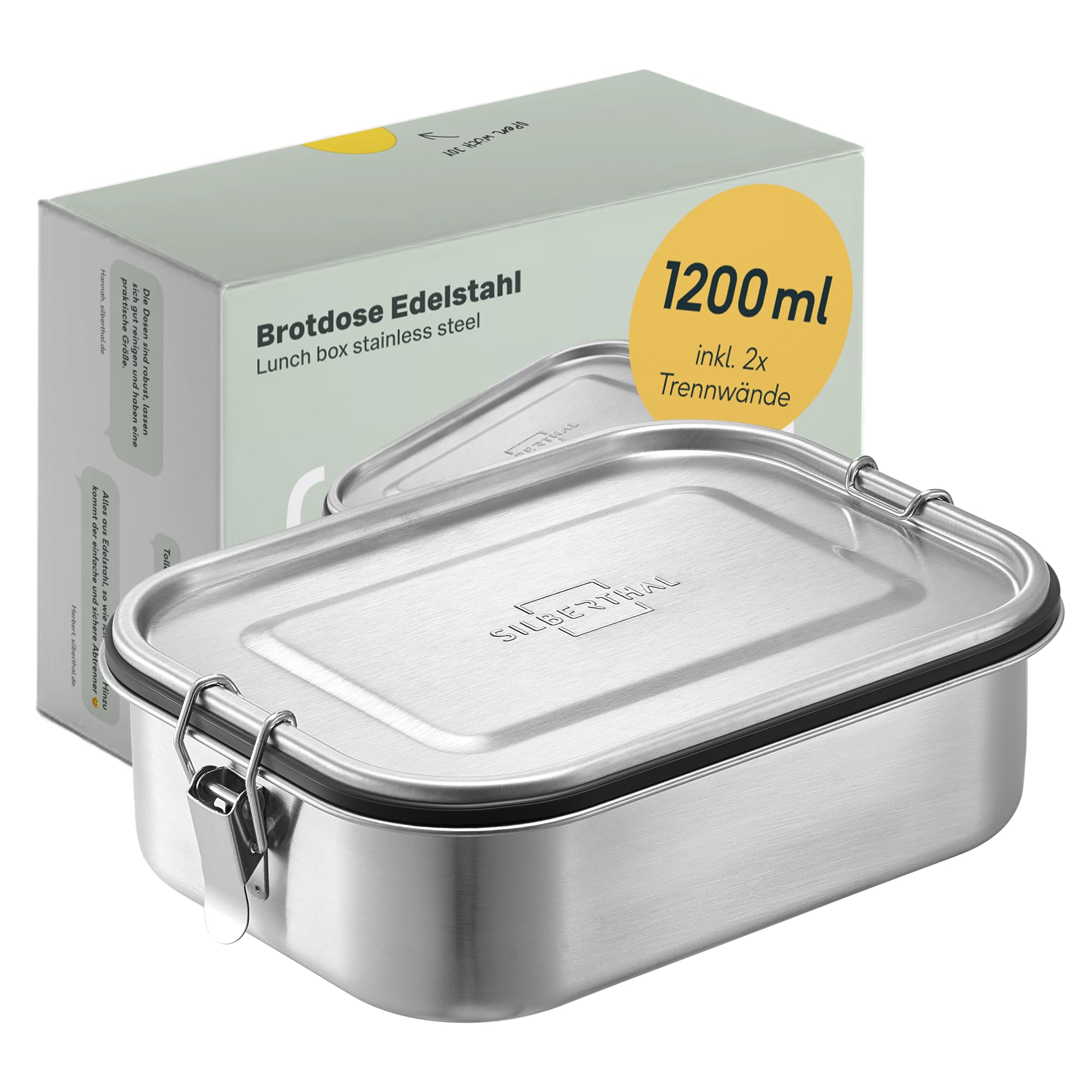 SILBERTHAL Lunch Box Stainless Steel 1200 ml with Removable Compartment and Sauce Pot with Lid - Lunch Box for School, Office, Picnic
