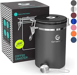 Coffee Gator-Edelstahl-Kaffeedose – Hält gemahlener Kaffee und Bohnen länger frisch – Behälter mit Datumsverfolgung, CO2-Freigabeventil und Messlöffel (Groß, Grаu)