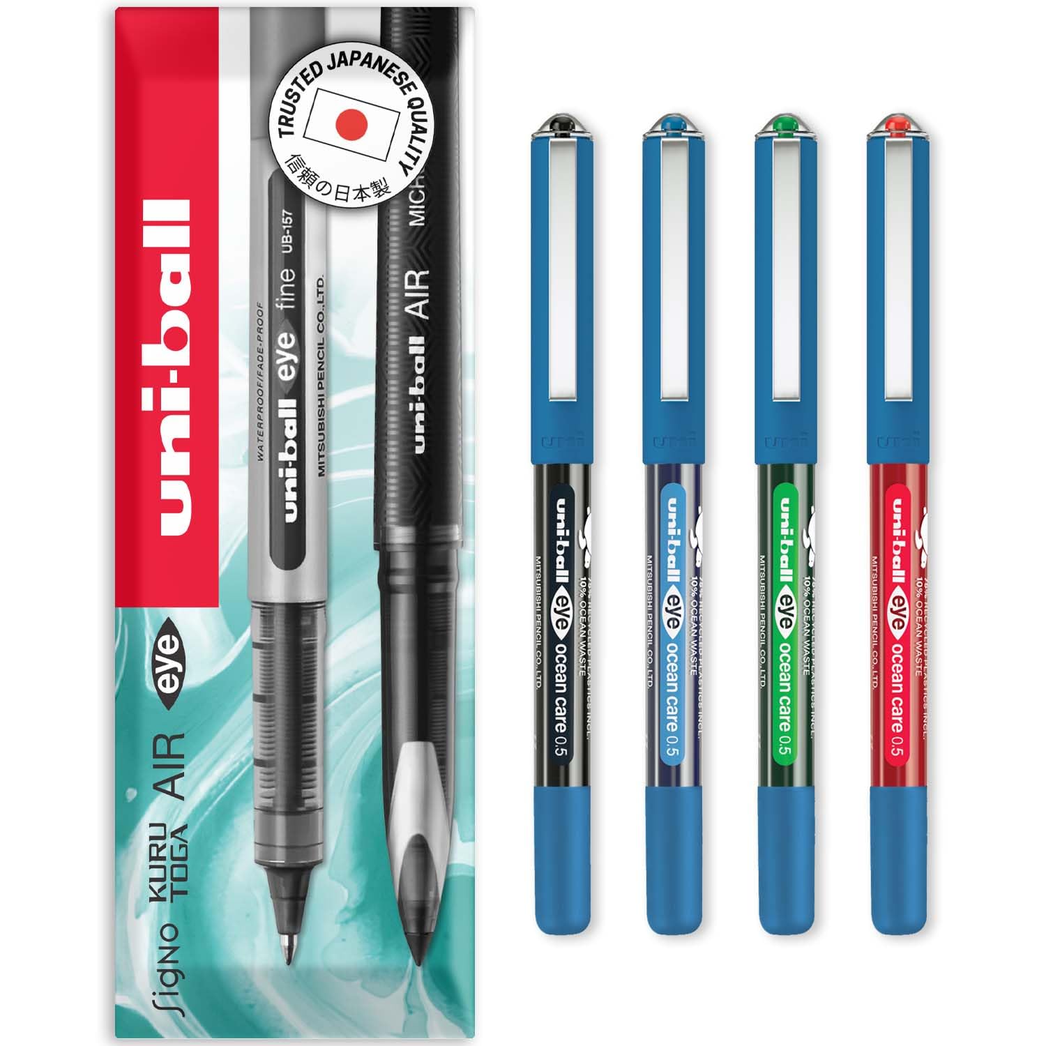 uni-ball Eye Ocean Care UB-150ROP Rollerball Pens - Micro 0.5mm Tip - Writing, Drawing & Drafting - Fade and Water Resistant - Pack of 4 - Black, Blue, Green & Red - In Envelope Gift Packaging
