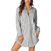 LYANER Women's Striped Nightgown Collar V Neck Long Sleeve Sleep Shirts Button Down Nightshirt Nightdress