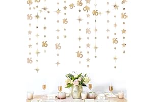 PINKBLUME Champagne Gold Number 16 Circle Dot Twinkle Star Garland Streamer Bunting Banner Backdrop Decorations for Girls Happy 16th Birthday Sweet Sixteen 16th Anniversary Cheers to 16 Years Party Decor