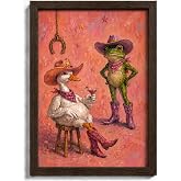Funny Cowboy Duck Frog Wall Art, Solid Wood Framed Canvas Print, 12 x 16 in | Cowboy duck with a drink beside a frog in boots on pink, for kitchen, bar or game room; no-drill placement