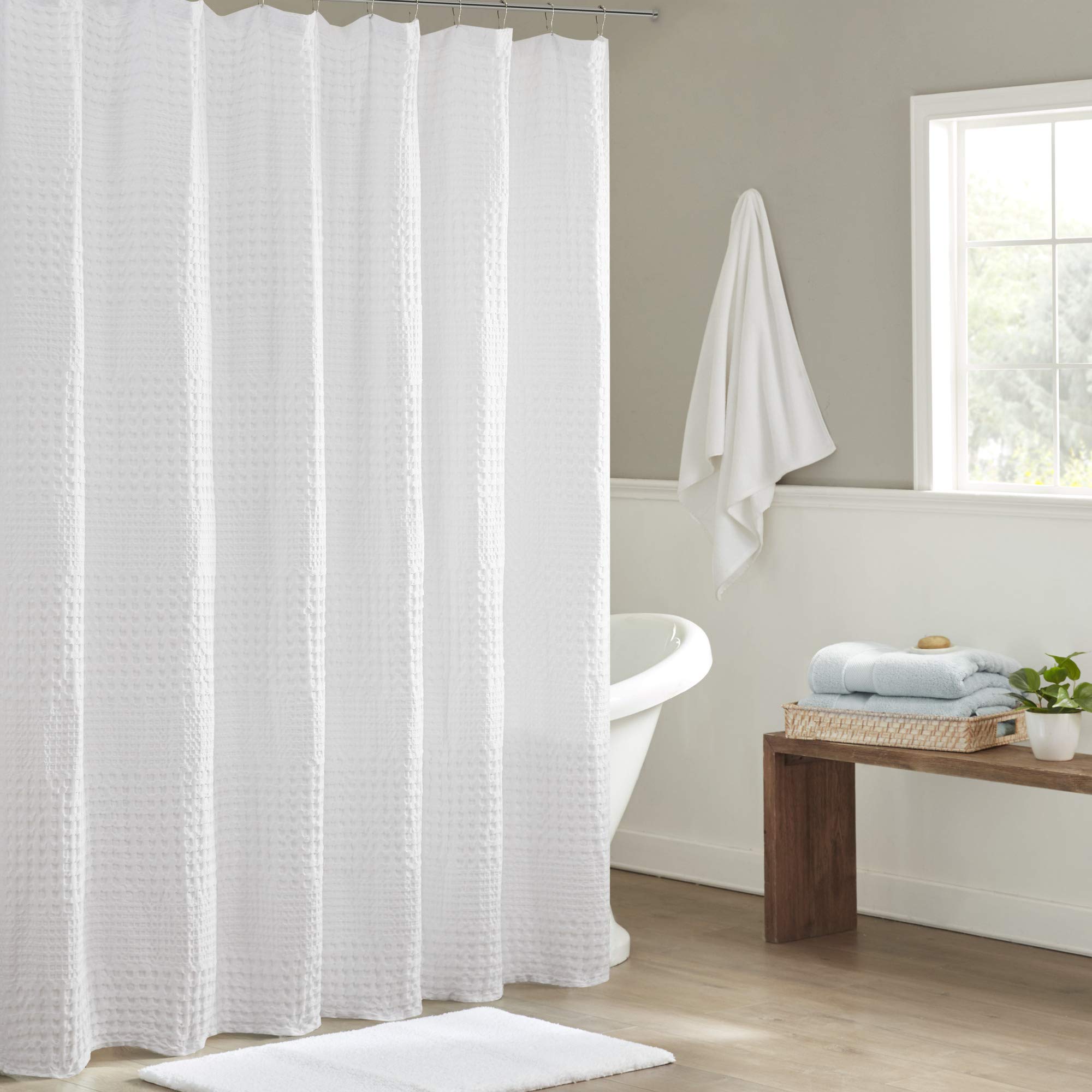 Madison Park Arlo 100% Cotton Shower Curtain, Texture Waffle Weave Design 800 GSM Hotel Quality, Soft Trendy Bathroom Décor, Machine Washable, Bathtub Fabric Privacy Screen, 72" x 72", White