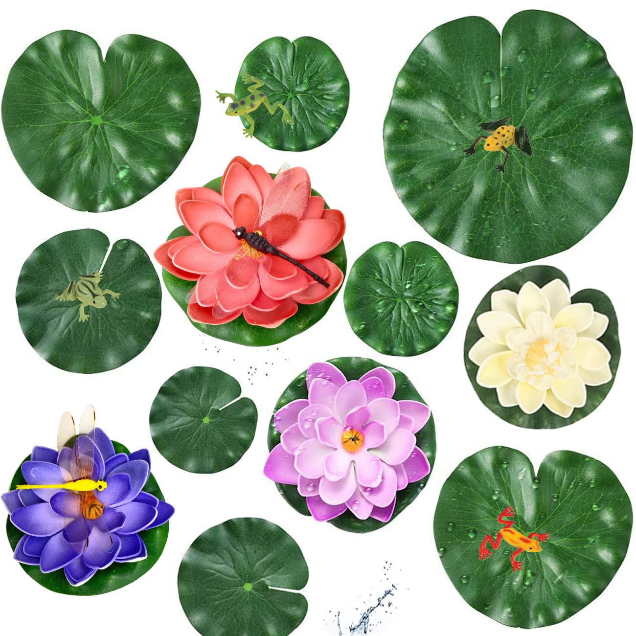 ZHIQIN 26 Pieces Floating Pond Plants Set Artificial Lotus Floating Water Lilies with Artificial dragonfly frog Lotus Leaves for Pond Fountain Garden Pool Fish Pond Aquarium Decoration