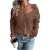 BEAUDRM Women's Crochet Sweater Textured V Neck Long Sleeve Knit Fall Tops Drop Shoulder Casual Pullover Jumper