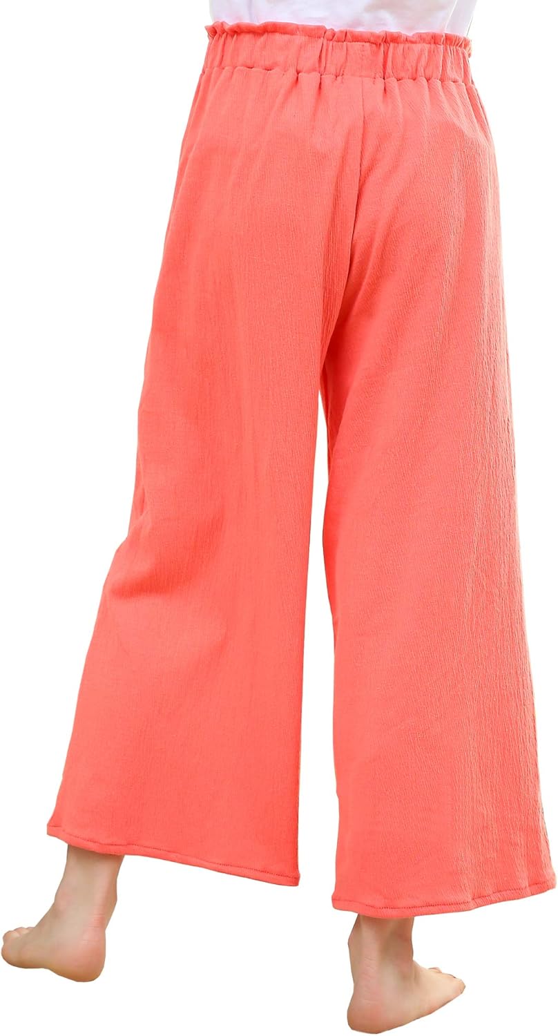 V.&GRIN Girls Wide-Leg Pants, Pull-On Tie-Waist Stretchy Lounge Pants for Girls 8-16 Years: Clothing