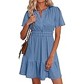 Simplee Womens Summer Denim Dress Casual Short Sleeve Mini Dress Boho Beach Flowy Tiered Short Jean Dresses with Pockets