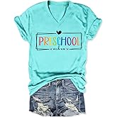 CUZIUAE Preschool Vibes Shirts for Women Preschool Teacher T Shirts Funny V Neck Tees Teacher Back to School Summer Tops