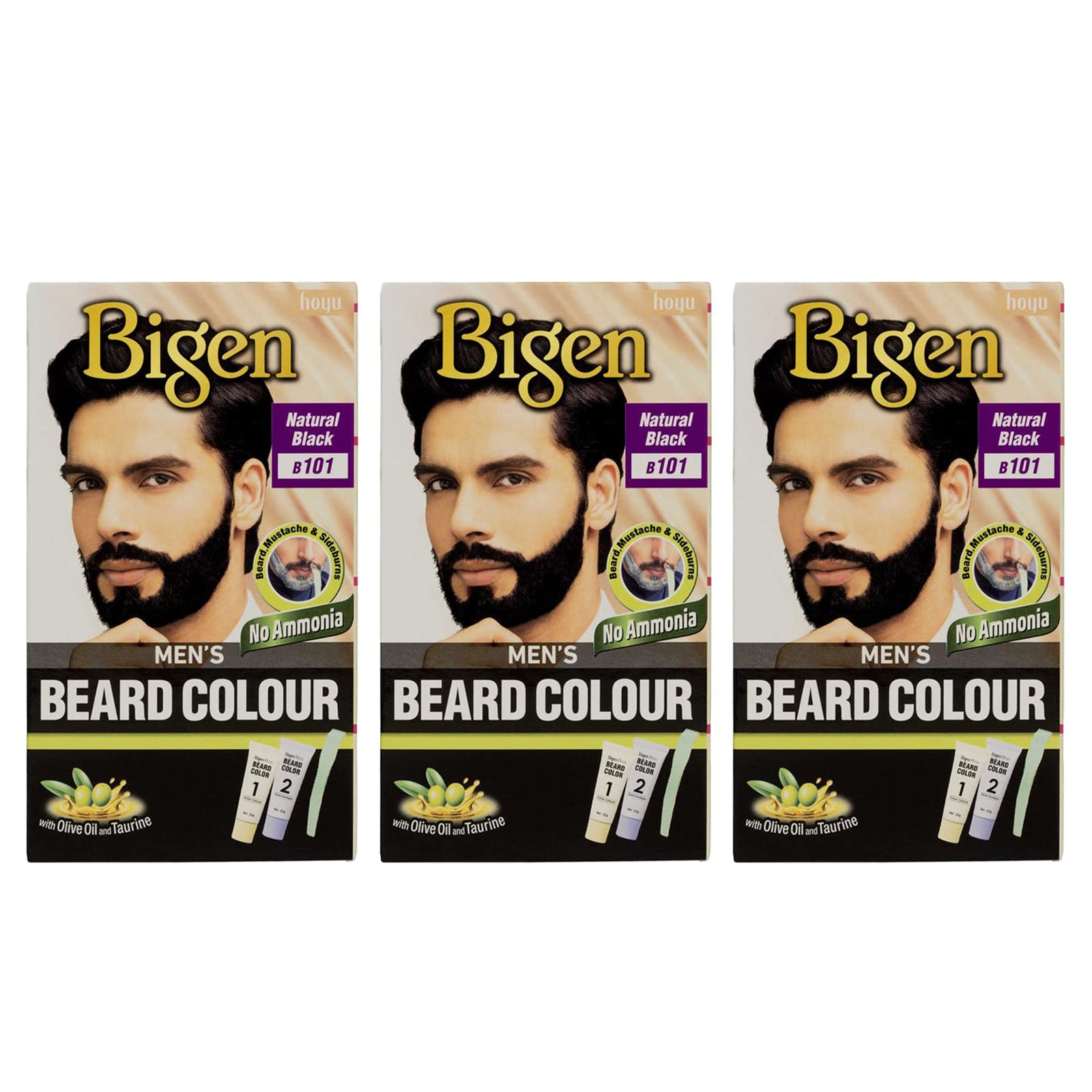3 x Bigen Men's Beard Colour | No Ammonia Formula with Aloe Extract & Olive Oil - 101 Natural Black