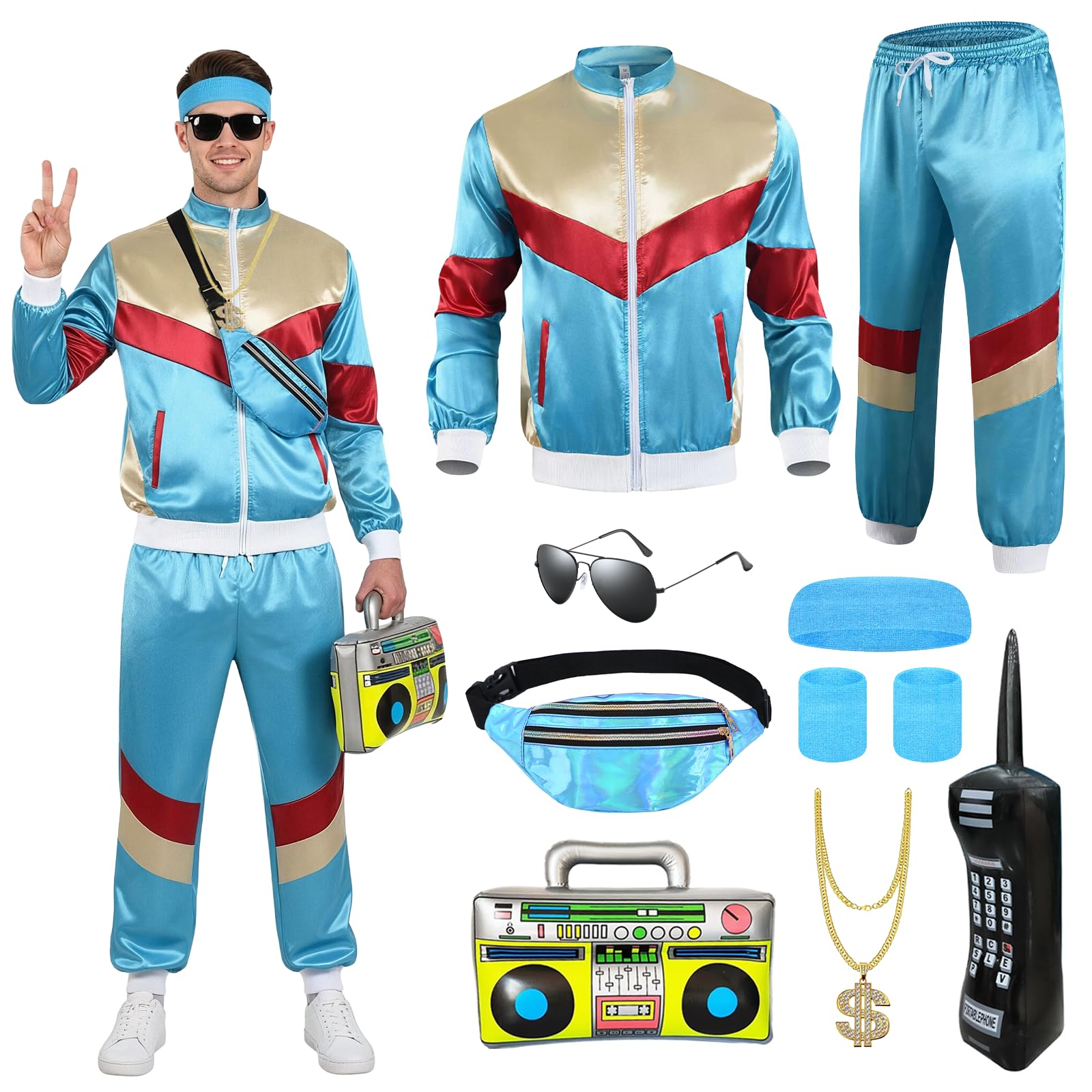 Xerteam 80s 90s Fancy Dress Men with Accessories, Retro 80s 90s Hip Hop Outfit for Adults, 80s Fancy Dress Set with 1 Sportswear Shirt Pant Hat Necklace Balloon Glasses (Blue Yellow, L) — image 1