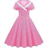 Women Notch Lapel Collar 50s Vintage Polka Dot 1950s Cocktail Party Swing Dress Short Sleeve Retro Audrey Hepburn Rockabilly Prom Dress Pleated A line Wedding Formal Evening Dance Midi Dress Pink XL