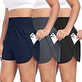 HOPLYNN 1/3 Pack Womens Athletic Running Shorts High Waisted Elastic Workout Short with Pocket Gym Shorts for Women