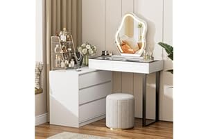 BROTTAR Corner Makeup Vanity Desk with Mirror and Lights, 58" Modern L-Shaped Vanity Table with Glass Top, Large Dressing Tab