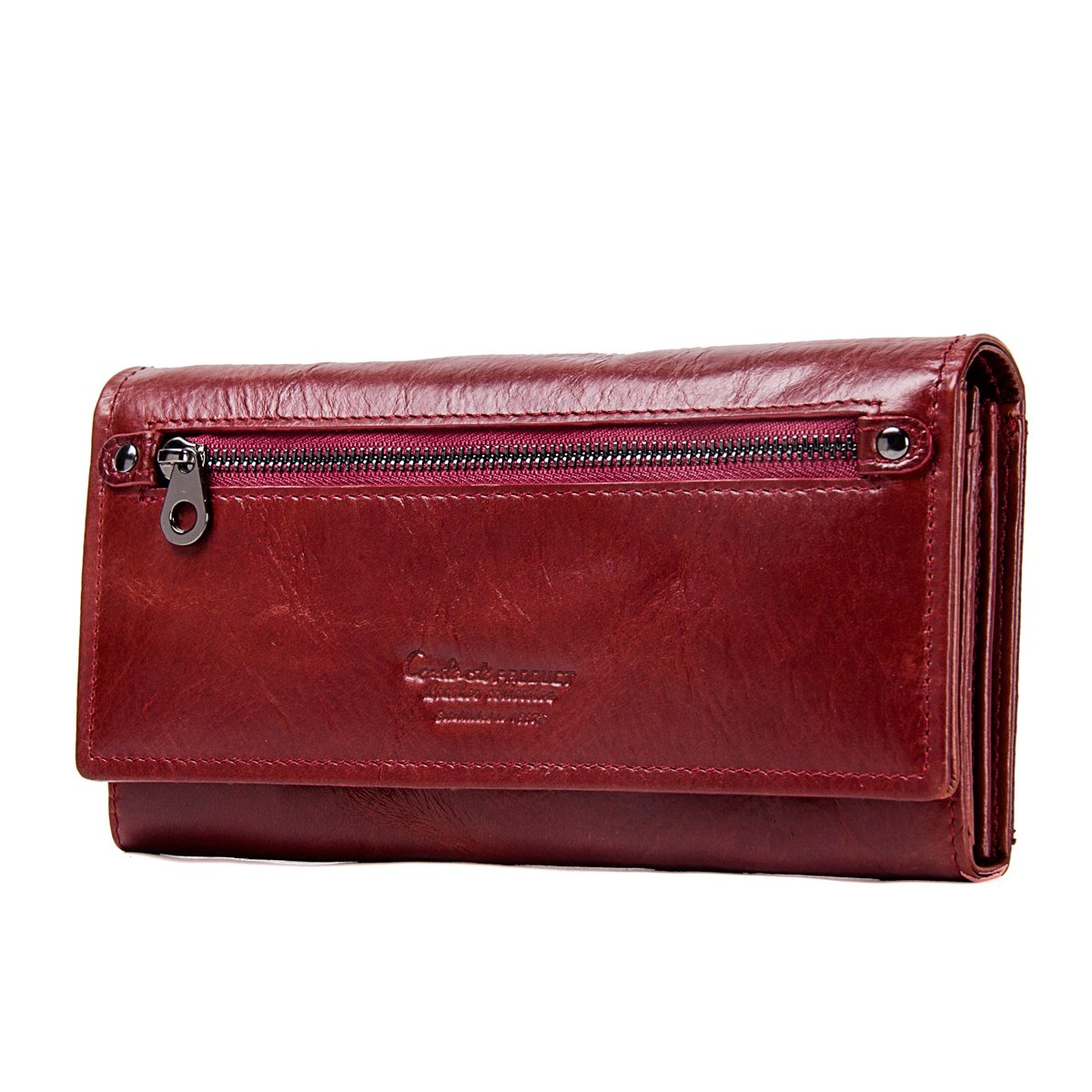 CONTACTS Real Leather Wallet for Women,Multiple Credit Card Organizer Compact Clutch,Women's Long Zip Purse Phone Holder Wallet (Red)