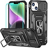 Aozuoton for iPhone 14 Plus Case with Screen Protector and with Camera Cover, 360°Military Grade Rotatable Kickstand (Heavy Duty) Shockproof Protective, Case for iPhone 14 Plus Black