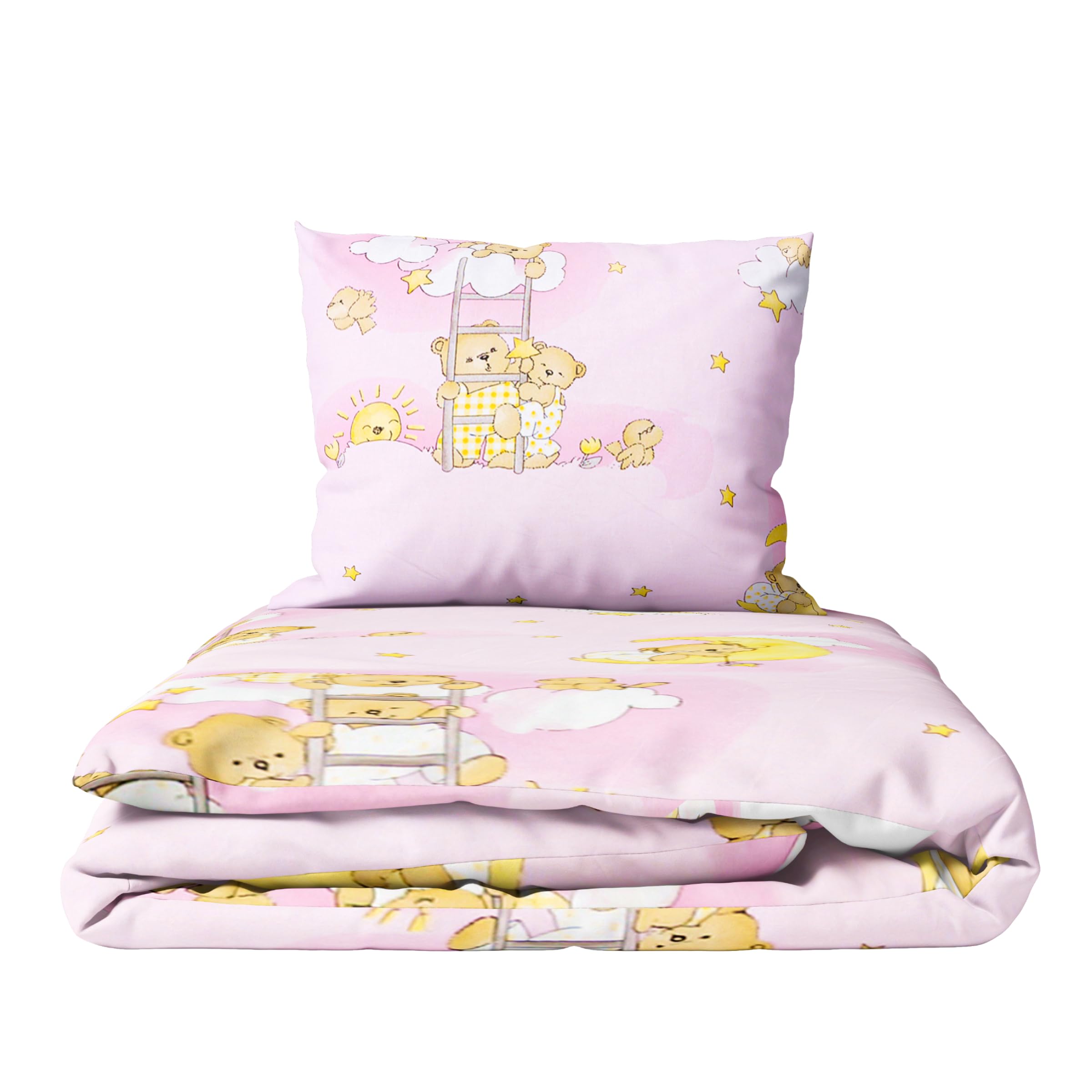 Baby Comfort 2-Piece Toddler Duvet & Pillow Set - 120x90 cm - 100% Cotton Breathable Fabric - Machine Washable Quilted Bedding for Cot Bed 12M+ (Ladders Pink)