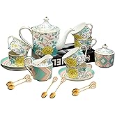PANAOAHU Floral Bone China Tea Set, 21-Piece Luxury China Set for 6 with Gold Trim, Vintage Teacup Set with Teapot, Sugar Bowl and Creamer, Perfect for Afternoon Tea & Gifting