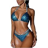 BEAUDRM Women's Y2k 2 Piece Bikini Sets Sparkly Metallic Triangle Tie Back Swimsuits Cheeky Thong Bathing Suit