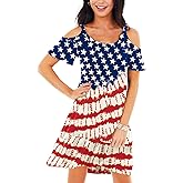 Deerose Womens 4th of July Dresses Cold Shoulder American Flag Tie Dye A-Line Dress with Pockets