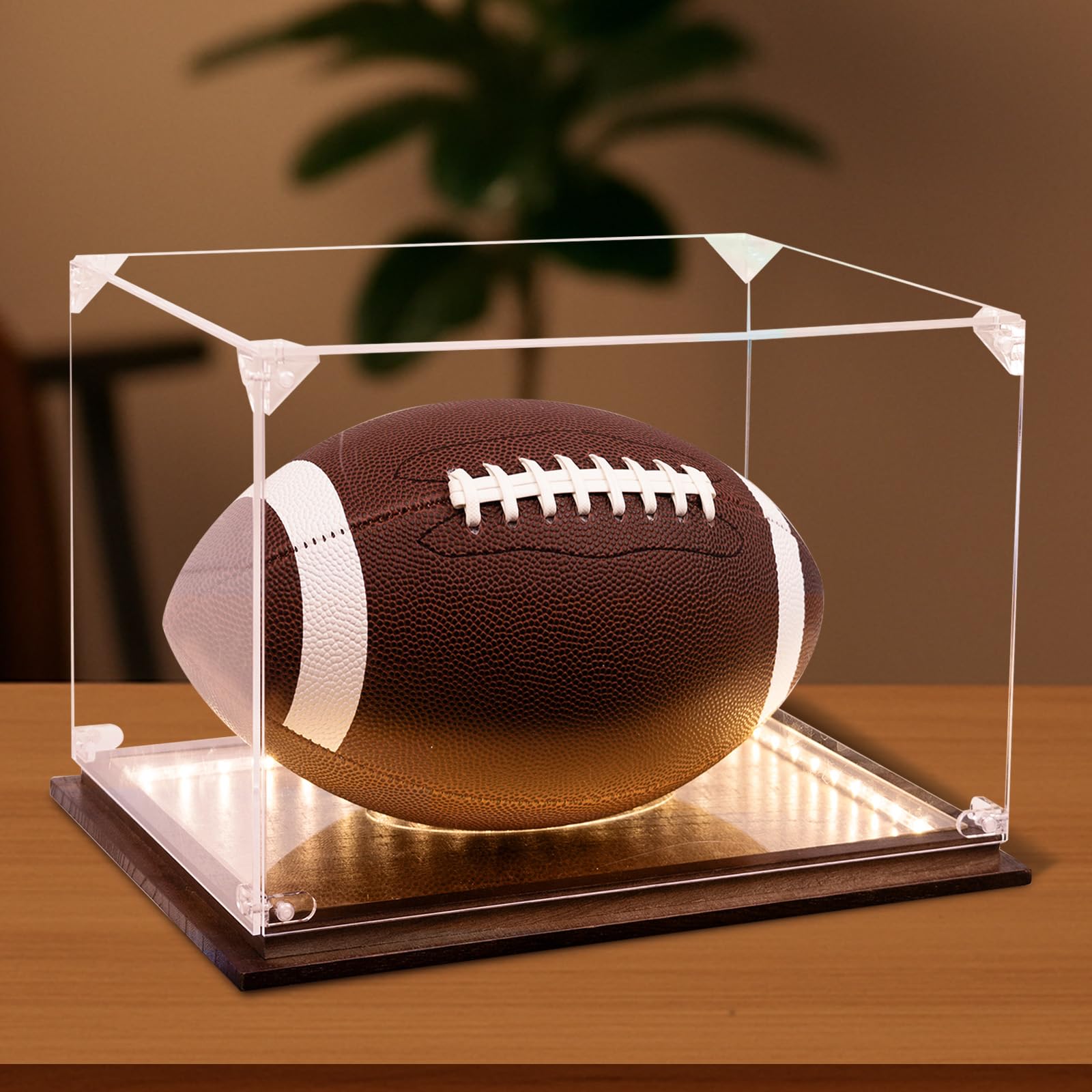 Photo 1 of Football Display Case with LED Light, Acrylic Football Case Clear for Signed Football, Walnut Base Stand Cases for Autographed Balls & Collectibles Black