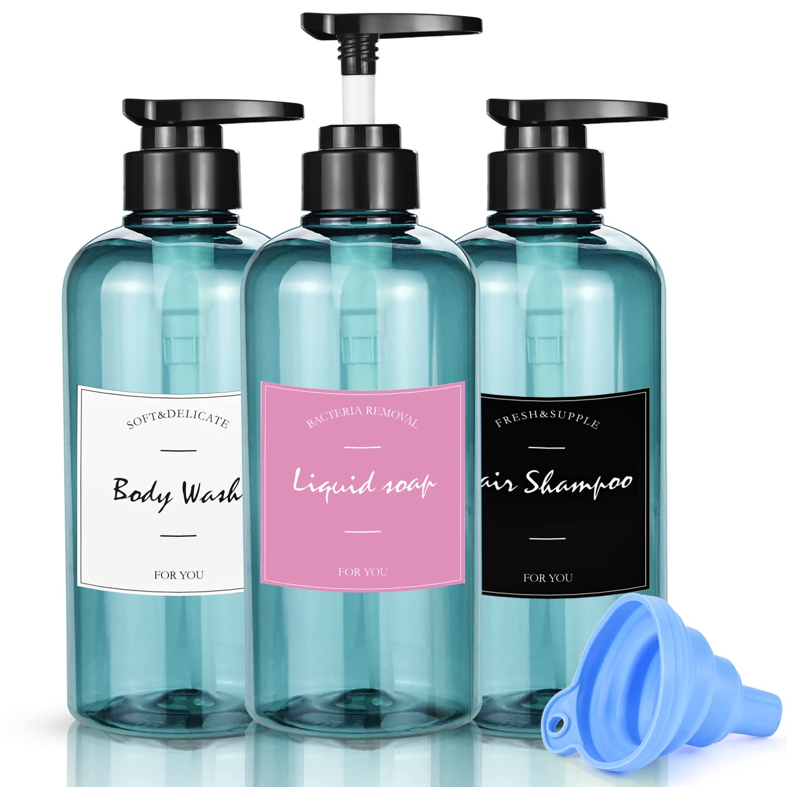 JTOOYS 3 Pack 500ml/17oz Empty Shampoo Bottles Soap Dispenser Bottle Refillable Plastic Lotion Pump with Silicone Funnel & Labels Conditioner Blue for Bathroom Kitchen (JTOO-3293)