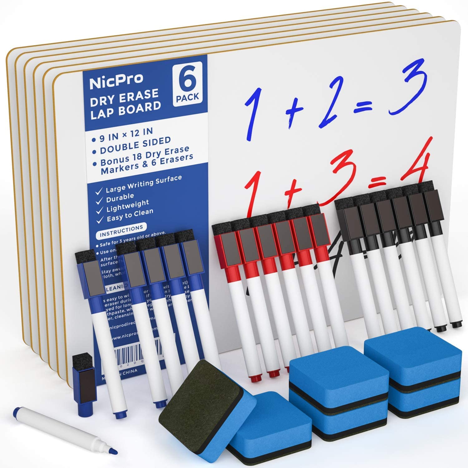 Nicpro 6 Pack Dry Erase Mini Whiteboard A4, 22 x 30 cm Double Sided Lapboard Bulk with 18 Water-Based Pens Erasers Learning Small White Board Portable Drawing Writing for Kid Student and Classroom Use