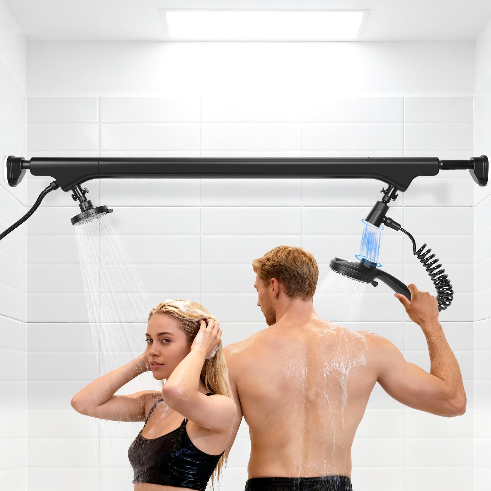 Photo 1 of [Ondaqua] High Pressure Dual Shower Head for Couples 58-78" Adjustable,10 Modes Magnetic Handheld Head & 3 Modes Anti-Clog Design Round Head(Black)