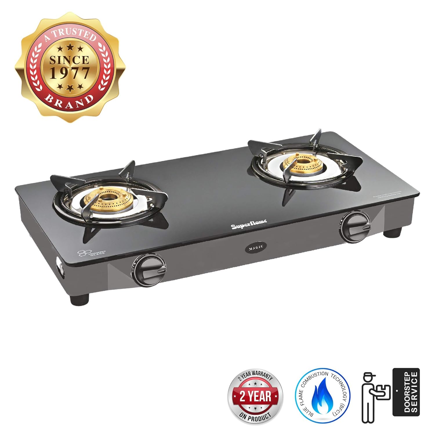 Magic Glass Top Gas Stove 2 Burner with 2 Year Warranty Superflame Best Price With Best Deal