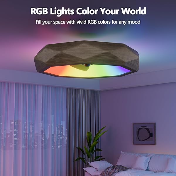 22″ LED CEILING FAN WITH LIGHTS AND REMOTE, RGB CEILING FAN WITH SMART APP/REMOTE CONTROL, BEDROOM FLUSH MOUNT CEILING FANS, WALNUT WOOD GRAIN BLADELESS CEILING FANS