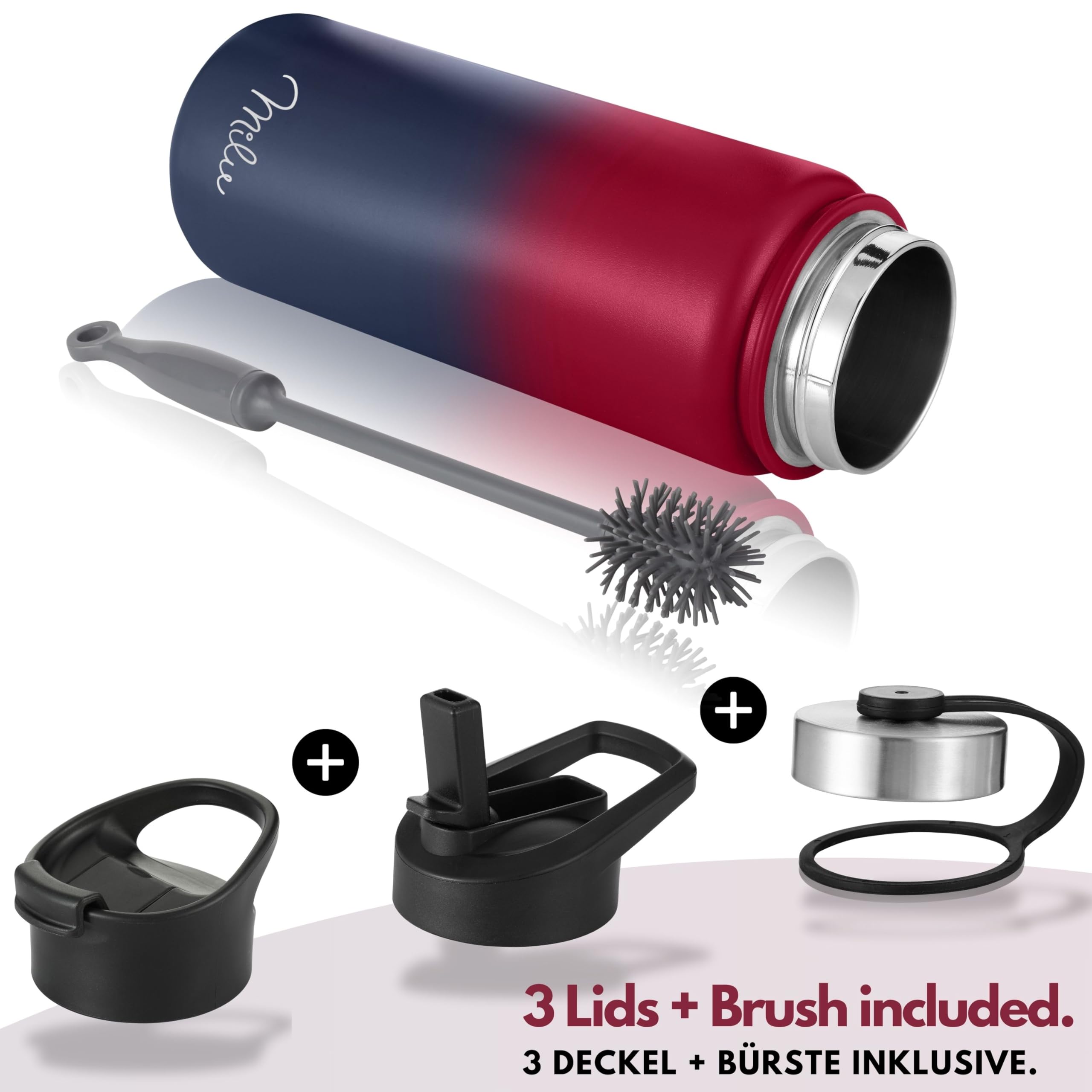 Milu Edelstahl Trinkflasche 500ml, 750ml, 1L (+3 Deckel) Thermosflasche mit Strohhalm, Isolierte Wasserflasche, Auslaufsichere Isolierflasche doppelwandig, Kohlensäure geeignet (Berry Blau, 0,5L) 2