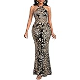 Cololura Women Sexy Elegant Sequin Tassel Off Shoulder Halter Bodycon Maxi Dress Party Evening Gown Formal Dress