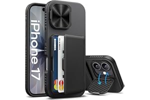 SIXBOX for iPhone 17 Case Wallet, Built-in Stand & Card Holder & Camera Cover, Rugged Military Grade Drop Protection Heavy Duty Hard Protective Phone Cover Case for iPhone 17 6.3" 2025, Black