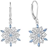 FJ Snowflake Earrings 925 Sterling Silver Aquamarine Dangle Drop Earrings Winter Frozen Christmas Jewelry for Women