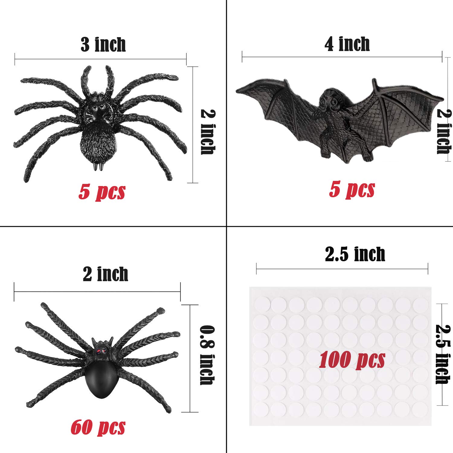 71 PCS Halloween Fake Spider Decorations Set, Halloween Prank Props, 70 pcs Fake Plastic Spiders in Different Sizes and 100 pcs of Glue Easy to Paste to Walls, Tables, Best for Halloween Decorations