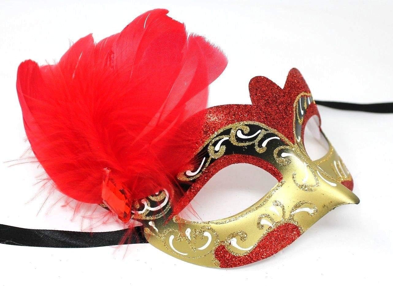 LADIES RED WHITE & GOLD VENETIAN MASQUERADE HALLOWEEN CARNIVAL PARTY EYE BALL FEATHER MASK, Red White Gold, 7.5cm Deep - Image 5