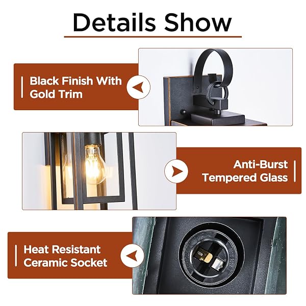 2-PACK OUTDOOR WALL LIGHTS WITH WATERPROOF, EXTERIOR LIGHTING FIXTURES WALL MOUNT, BLACK FINISH WITH GOLD TRIM PORCH LIGHTS OUTDOOR WALL SCONCES LANTERNS, MODERN COACH LIGHTS FOR HOUSE, DOORWAY