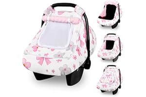 Hooyax Baby Car Seat Cover with Dual Zipper, Extra Large Mesh Window Carseat Canopy, All-Season Weather Protection for Infant Car Seats & Strollers (Pink Bow)