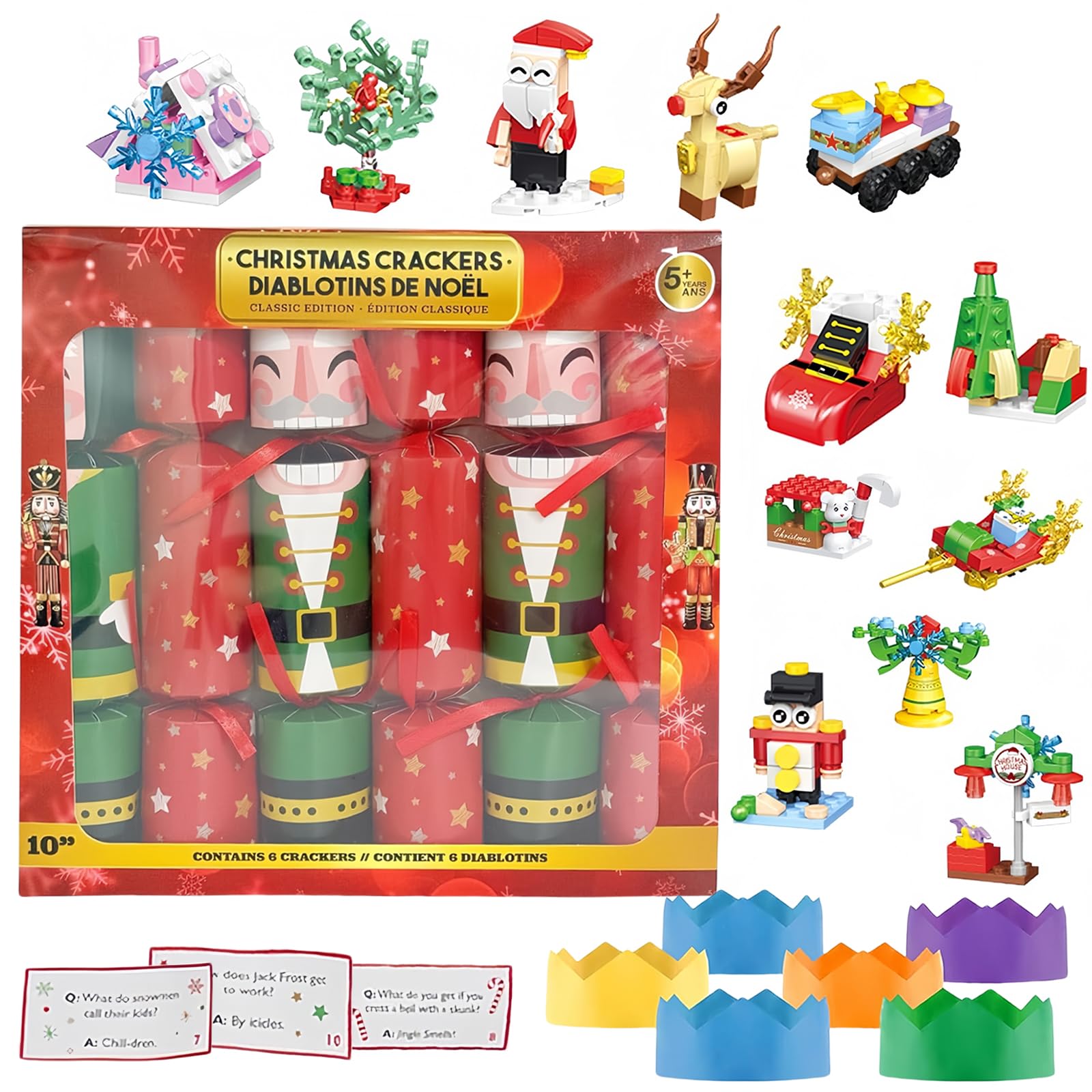 COSORO 6 Pack Christmas Crackers Luxury with Novelty Gifts Party Hats for Xmas Party Table Favors,Santa's Building Block Christmas Party Crackers,Xmas Crackers for Gift,Christmas Decorations