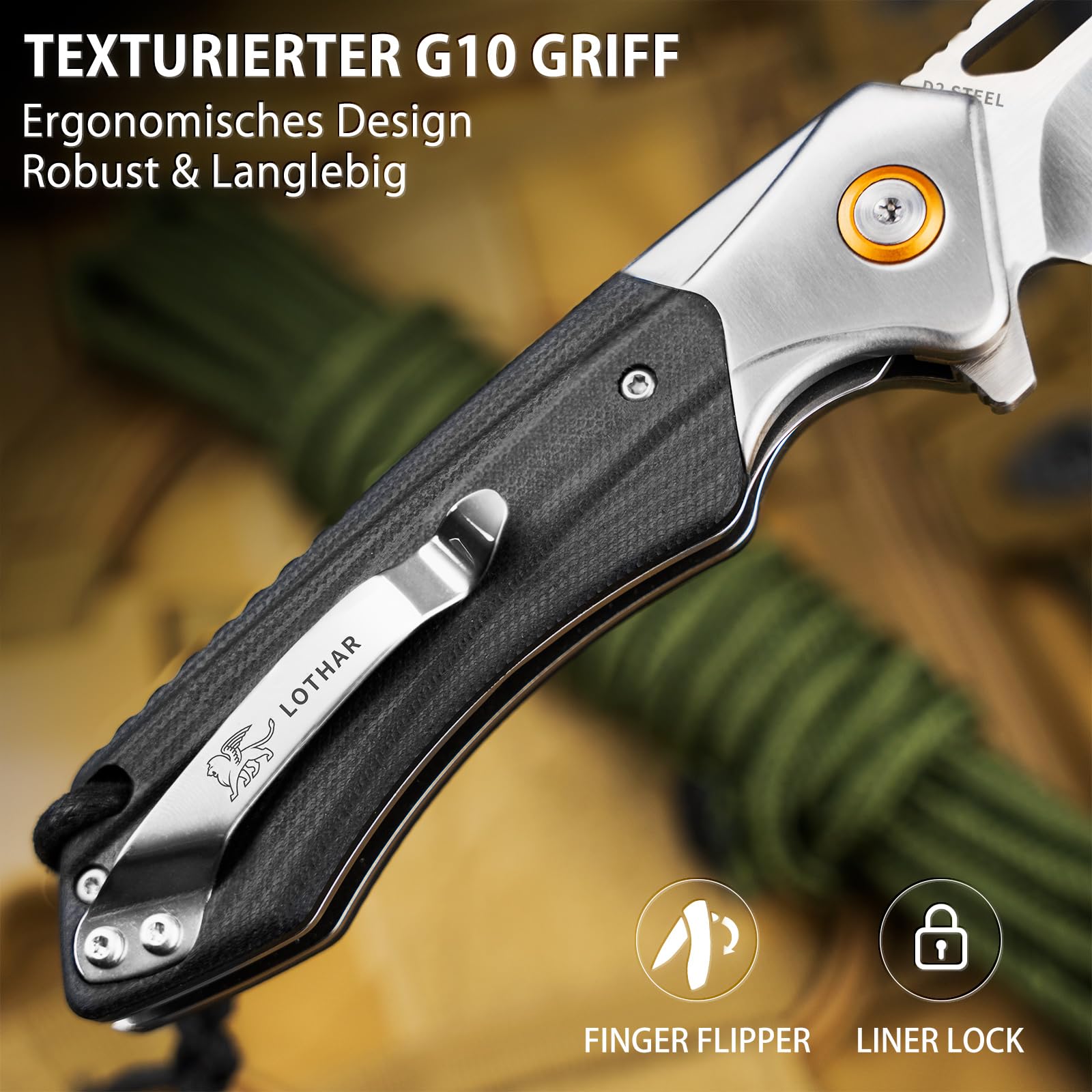 LOTHAR LICH KING Klappmesser, Scharfe D2 Stahl Taschenmesser 3
