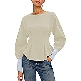 Bozanly Women's Cinch Waist Peplum Sweatshirt Crew Neck Balloon Sleeve Babydoll Pullover Tops