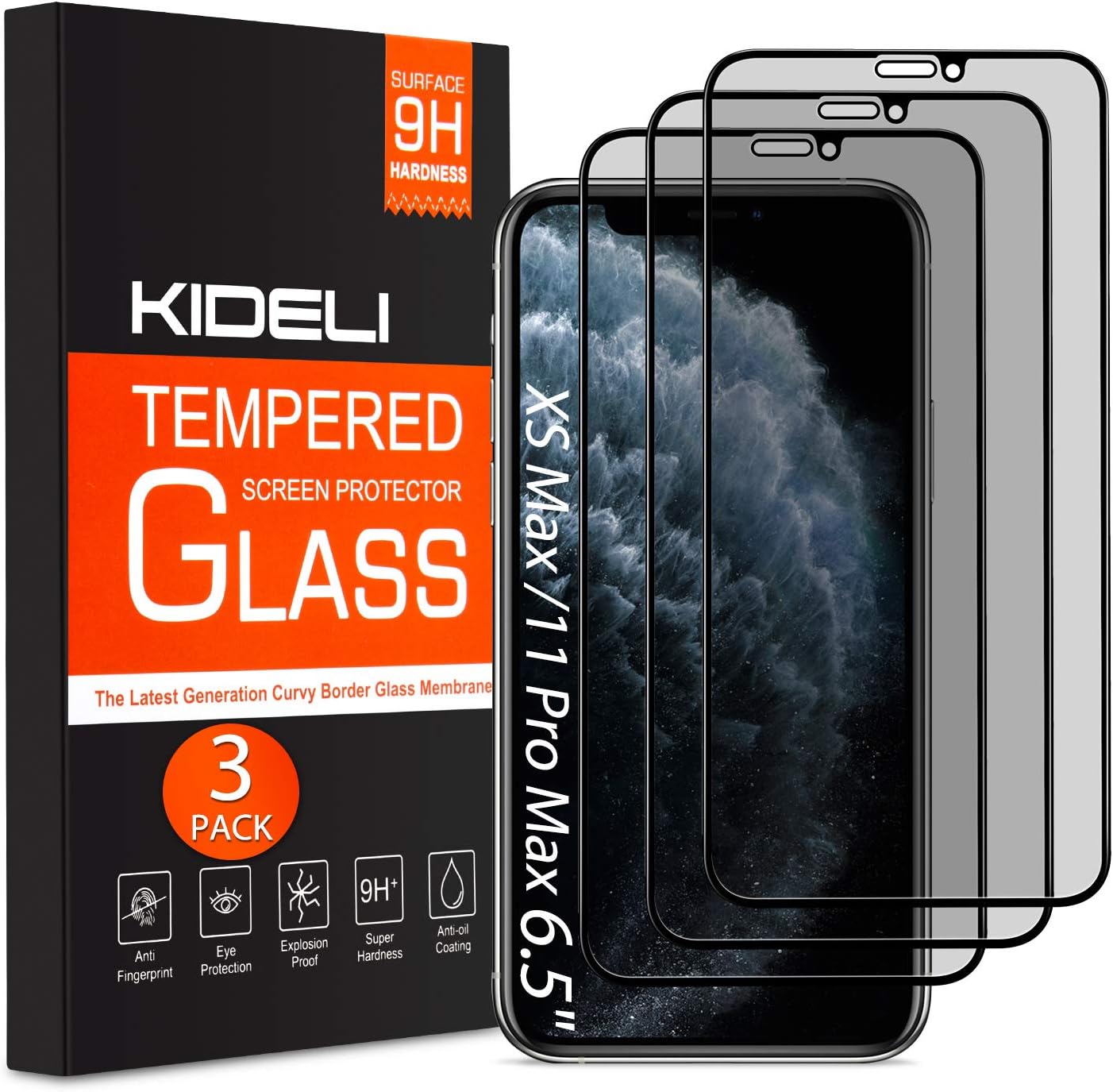 KIDELI Privacy Screen Protector Compatible with iPhone 11 Pro Max/iPhone XS Max 6.5 Inch 3 Pack Full Coverage Anti-Spy Tempered Glass Film Anti-Scratch Case Friendly