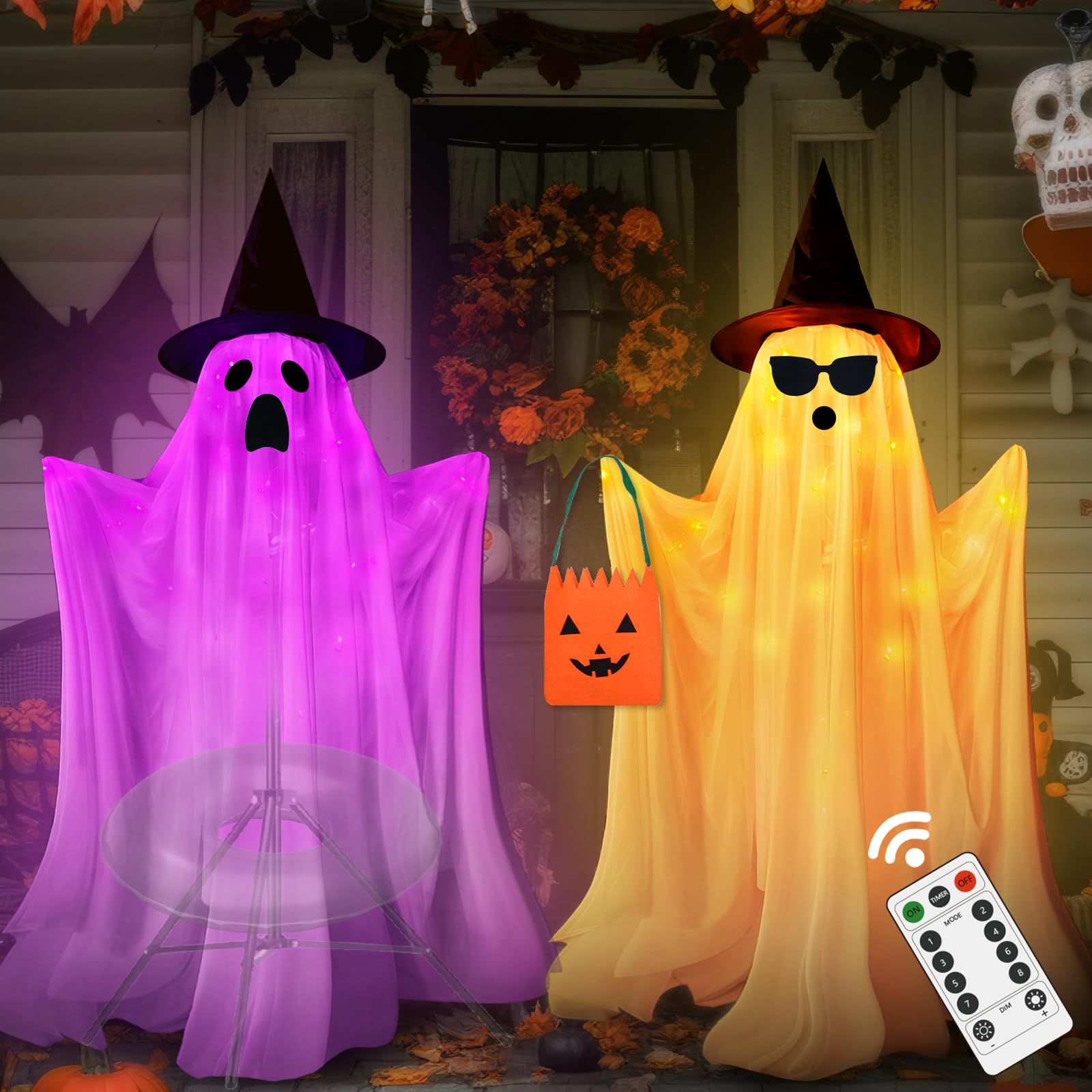 Photo 1 of Halloween Decorations Outdoor Indoor- 2 Packs Large Light Up Ghost, Standing Ghost Decor with Weight Bags, 8 Modes Remote Ghost Kit with 2 Colors String Lights for Porches Yards Gardens Decorations