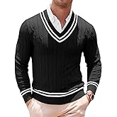 Runcati Mens V Neck Sweater Casual Cable Knit Slim Fit Pullover Long Sleeve Fall Winter Sweaters