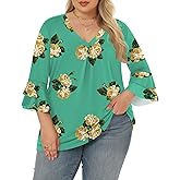 Rapbin Womens Plus Size Tops 3/4 Length Sleeve V Neck Pleated Shirts Loose Fit Tunic Blouse (1X-5X)